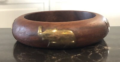 Elephant Bangle Bracelet Wood Brass Walnut-Stain Chunky Safari Africa - Image 1 of 4