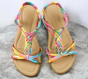 Women Flat Sandals Faux Leather Open Toe Elastic Slingback Casual Summer Sandal - Picture 1 of 5