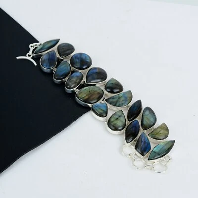 Naturale Pietra Labradorite Fatto a Mano 925 Catenina Argento Sterling Bracciale - Immagine 1 di 4
