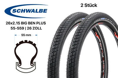 2 Stück 26 Zoll Schwalbe Big Ben Plus Reifen 26x2.15 City Bike Reflex Streifen - Bild 1 von 4