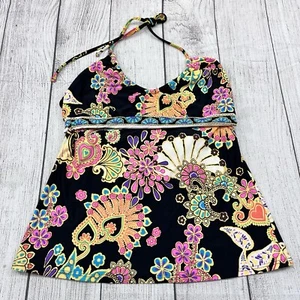 Trina Turk Women Swim Tankini Top Size 6 Black Pink Paisley Floral Swimwear - Picture 1 of 5