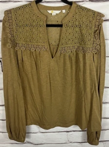 Boden Womens Size 12 Brown Eyelet Ruffled Long Sleeve Shirt - Picture 1 of 4
