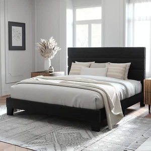 King Size Platform Bed Frame with Velvet Upholstered Headboard and Wooden Slats - Picture 1 of 8