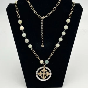 C1946 Goldtone Hammered Metal Cross Pendant Necklace Stone Bead Accents 36 inch - Picture 1 of 8