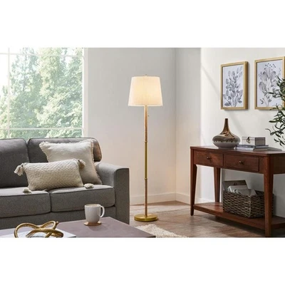 Hampton Bay Selatir 60in Steel Aged Brass Floor Lamp with White Fabric Shade - Image 1 of 4