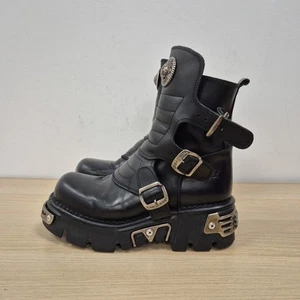 New Rock Reactor 391X Black Leather Chunky Mid Calf Punk Boots Size Uk 6.5 Eu 40 - Picture 1 of 12