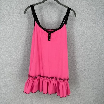 Betsey Johnson Ruffle Trim Slip Night Shirt Mini Dress Size M Pink Black Retro - Image 1 of 4