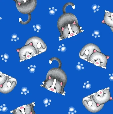 Gray Cats and Paw Prints on Blue Cotton Flannel Fabric by the Yard - Image 1 of 3