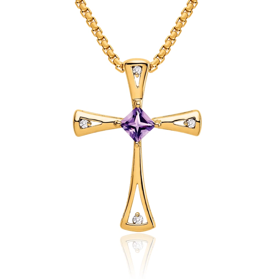 10K Solid Yellow Gold Amethyst Diamond Cross Necklace - Image 1 of 1