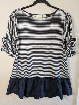 Blusa Anthropologie Maeve S malha tecido parte inferior azul marinho branca manga curta excelente - Imagem 1 de 4