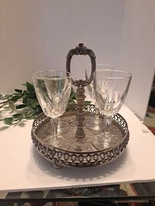 Vintage Stemmed Shot /Taster Glasses set of 4 With Metal Tray Carrier & Handle - Picture 1 of 5