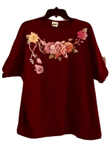 Vintage Tshirt Y-Tex Knit Burgundy XL Bees floral graphics Made In USA 90s - Picture 1 of 8