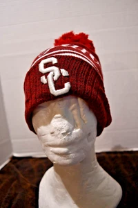 USC Trojans "USC" RED Burgundy. White, Trojans  pom Knit Beanie NWOT Adult OSFM - Picture 1 of 4