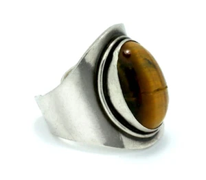 Vintage Large Oval TIGER EYE Stone .935 Sterling Silver Ring Mens Womens Modern  - Picture 1 of 10