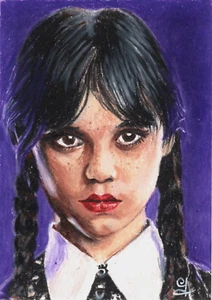 WEDNESDAY ADDAMS JENNA ORTEGA ACEO PSC Hand Painted Sketch Card by Giovanni CIMA - Picture 1 of 4