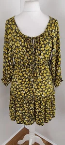 Urban Outfitters Yellow & Black Floral Tiered Dress Button & Tie Front Size S - Picture 1 of 11