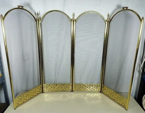 Vintage Shiny Brass Floral Folding Fireplace Screen w/Mesh 4 Panels 34" Tall - Picture 1 of 10