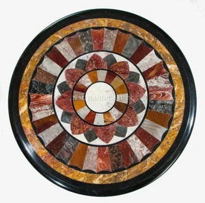 18" Black Round Marble Table Top Inlay Pietra dura Handicraft Work - Picture 1 of 1