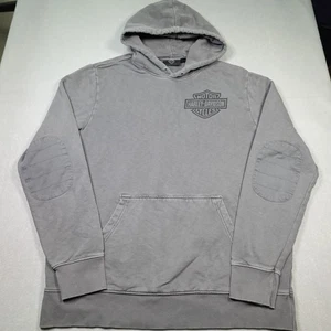 Harley-Davidson Hoodie Mens Large Gray Pullover Elbow Patch Vintage Logo Biker - Picture 1 of 14