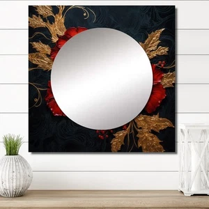 Designart "Red Gorgeous Gilded Hibiscus on Black" Hibiscus Wall Mirror - Floral - Picture 1 of 5