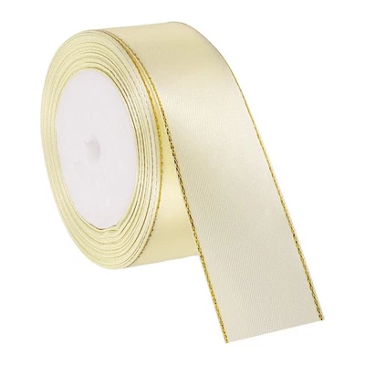 Cinta de satén de doble cara de 1-1/2 pulgadas x 24 yardas con borde dorado, crema Foto 1 de 4