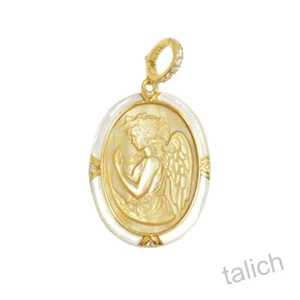 18K Gold Over Sterling Silver Mother of Pearl Praying Angel Cameo Amulet Pendant - Picture 1 of 7