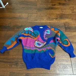 80s Bright Metallic Christine Paisley Mohair Angora Batwing Sweater Size S - Picture 1 of 7