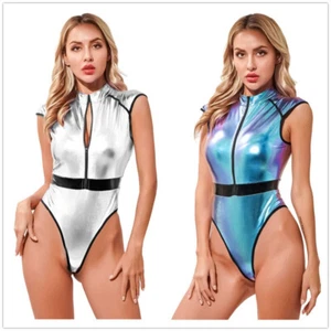 AU Sexy Womens Shiny Bodysuit Space Cadet Alien Astronaut Cosplay Party Clubwear - Picture 1 of 29