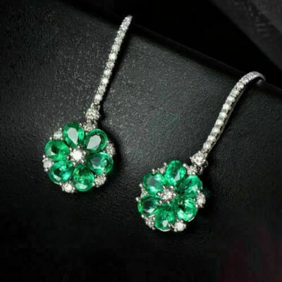 4.60Ct Pear Cut Green Emerald Flower Drop Dangle Earrings 14K White Gold Finish - Image 1 of 4