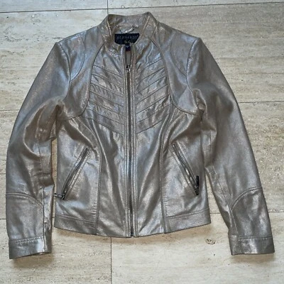 Chaqueta Bernardo Design Mujer 100% Cuero Dorado Metálico Talla M Foto 1 de 4