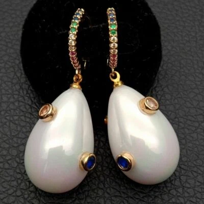 Teardrop White Sea Shell Pearl Mixed color Cz Pave Lever back Earrings - Image 1 of 4