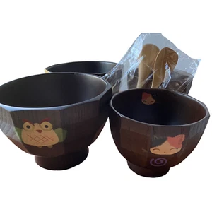 Acacia Wood Footed Rice Soup 4 Bowls Owl And Cat Graphics W/2 Small Spoons - Picture 1 of 12
