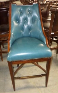 Frontgate Bradford Tufted Blue Leather Barstool BAR 30" Wood Counter Stool - Picture 1 of 7