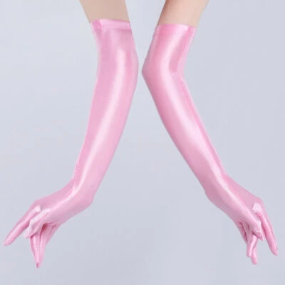 Luvas de ópera longas femininas fantasia festa casamento formatura nupcial aparência molhada cetim brilhante - Imagem 1 de 4