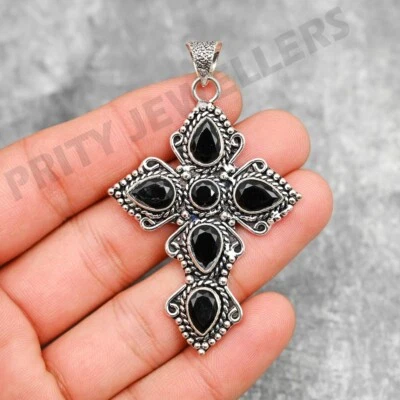 Black Onyx Cross Pendant 925 Sterling Silver Handmade Gemstone Jewelry 2.55" - Image 1 of 4