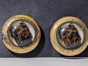 Vintage umgekehrt bemalte Bulldoggen Glas Cabochon goldfarbene Manschettenknöpfe Essex-Stil - Bild 1 von 4