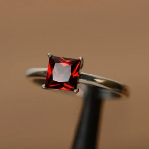 Red Garnet Solitaire Ring Natural Princess Cut 925 Sterling Silver Women Ring - Picture 1 of 5