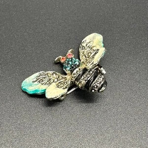 Vintage Brooch Pin Bee Rhinestones Enamel Fly Insect Bug Teal Pink Jewelry - Picture 1 of 10