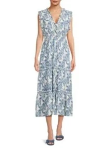 Max Studio Midikleid blau-weiß Blumen Rüschen gesmokt Gr. L Cottagecore - Bild 1 von 10