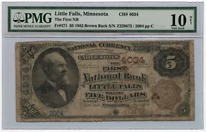 1882 $5 Brown Back The First National Bank of Little Falls PMG VG 10 NET Ch#4034 - Picture 1 of 2