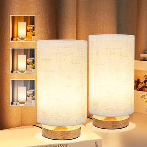 3-Color Adjustable Bedside Table Lamp for Bedroom Set of 2,Minimalist Wood Ba... - Picture 1 of 8
