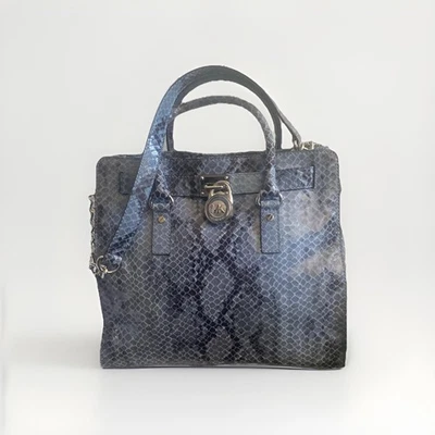 Michael Kors Hamilton Blue/Gray Snake Leather Like Tote Shoulder Bag Satchel - Image 1 of 4