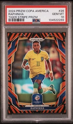 Raphinha 2024 Panini Prizm Copa America SSP Tiger Stripe Barcelona Brazil PSA 10 - Image 1 of 2