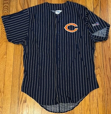 Винтажный 90-х мел линия темно-синий в тонкую полоску Chicago Bears на пуговицах Джерси рубашка мужская XL - Изображение 1 из 4