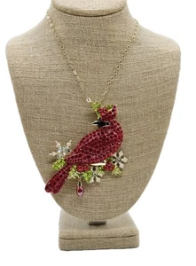 Kirks Folly Cardinal Bird Pin Pendant Brooch Chain Necklace Red Crystal PAVE - Picture 1 of 15