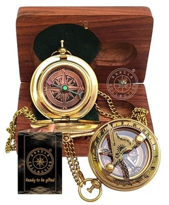 Handmade Push Button Direction Sundial Clock with Chain & Wooden Box - Brass ... - Bild 1 von 8