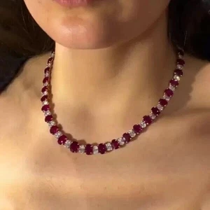 Wedding Tennis Necklace 14K White Gold Plated 18" Oval Cut Lab Created Red Ruby - Picture 1 of 4