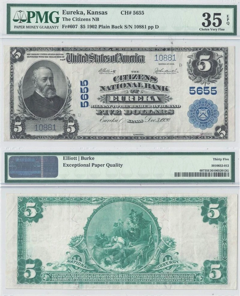 1902 $5 Eureka, Kansas Charter 5655 PMG VF-35 EPQ - Image 1 of 1