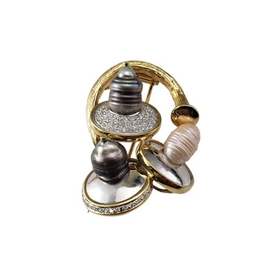 Broche de diamantes Dagon de oro amarillo de 18 quilates y perlas de platino #20887 Foto 1 de 4