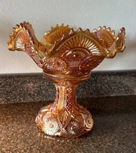 Antique Marigold Carnival Glass Large Compote Punch 2 Pc Pedestal Bowl Gorgeous! - Picture 1 of 18